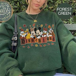 May include: A forest green sweatshirt with a graphic print of Mickey Mouse and friends in front of a sign that says "Disneyland".