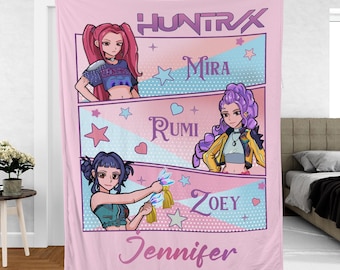 Custom Huntrix Demon Hunters Blanket,Kpop Demons Hunters Blanket,Personalized Anime Blanket,Personalized Huntrix,Demon Hunters Anime Blanket