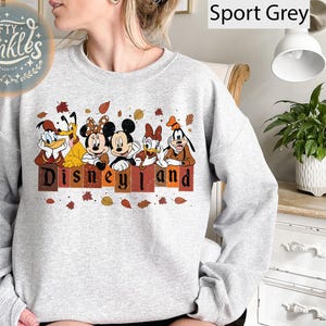 May include: A gray sweatshirt with a print of Mickey Mouse, Donald Duck, Goofy, and Pluto in front of a sign that says "Disneyland". The characters are wearing fall-themed outfits and there are leaves scattered around them.