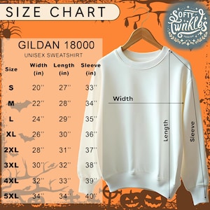 May include: Size chart for a Gildan 18000 unisex sweatshirt. The chart shows measurements in inches for width, length, and sleeve length for sizes S through 5XL.