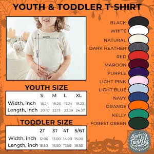 May include: Size chart for youth and toddler t-shirts. The chart shows the width and length in inches for sizes S, M, L, XL, 2T, 3T, 4T, and 5/6T. The chart also includes a color swatch for each of the following colors: black, white, natural, dark heather, red, maroon, purple, light pink, light blue, navy, orange, kelly, and forest green.