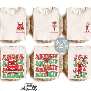 Personalization Disney Inside Out 2 Characters Christmas Costume Shirt, Reindeer Joy Anxiety Anger Sadness Ennui Tee, Family Xmas Trip Tees