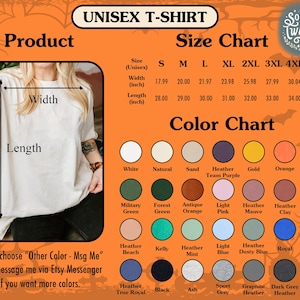 May include: Unisex t-shirt size chart with measurements in inches. Color chart with various colors including white, natural, sand, heather team purple, gold, orange, red, military green, forest green, antique orange, light pink, heather mauve, heather clay, maroon, heather beach, kelly, heather mint, light blue, heather dusty blue, royal, navy, heather true royal, black, ash, sport grey, graphite heather, dark grey heather, and purple.