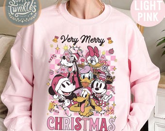 Vintage Mickey & Friends Checkered Disney Pink Christmas Shirt, Mickey's Very Merry Christmas Party, WDW Disneyland Holiday Family Xmas Tees