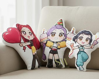 Cuscino di compleanno carino Chibi Huntrix, cuscino di peluche Rumi Mira Zoey Warrior, peluche Kpop Demon Hunter, regalo personalizzato per bambini, regalo di compleanno