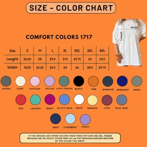 May include: Size and color chart for t-shirts with measurements in inches. The chart includes 10 colors: pepper, ivory, blossom, orchid, light green, black, yam, graphite, midnight, moss, red, lagoon, berry, mystic blue, white, banana, chili, blue jean, navy, chambray, violet. The chart also includes sizes: S, M, L, XL, 2XL, 3XL, 4XL.
