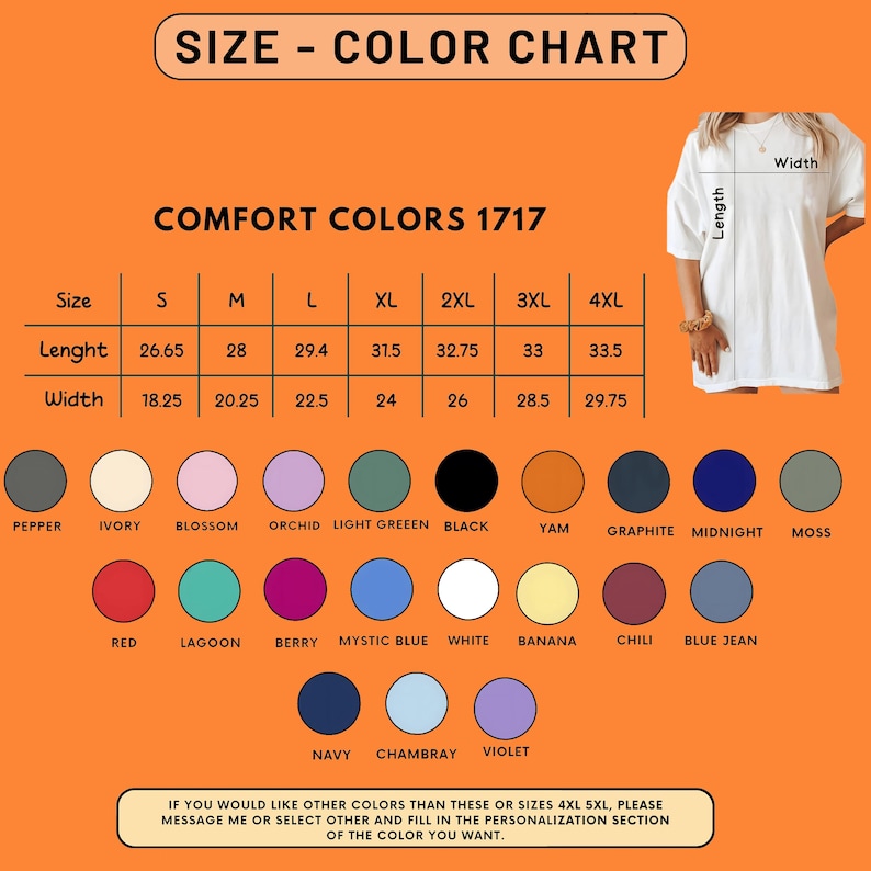 May include: Size and color chart for t-shirts with measurements in inches. The chart includes 10 colors: pepper, ivory, blossom, orchid, light green, black, yam, graphite, midnight, moss, red, lagoon, berry, mystic blue, white, banana, chili, blue jean, navy, chambray, violet. The chart also includes sizes: S, M, L, XL, 2XL, 3XL, 4XL.