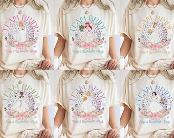 Customize Disney Princess Bachelorette Party Epcot T-Shirt, Tiana Ariel Elsa Bride Squad Tee, Disney Bridesmaid 2025 Tee, Disneyland Trip