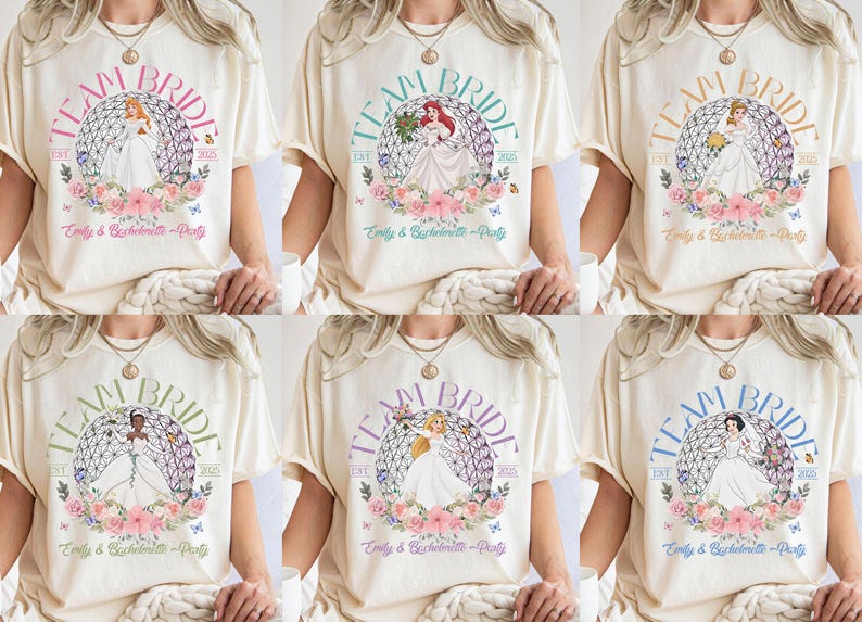 May include: Six white t-shirts with a floral design and the text "Team Bride" printed on the front. The design features a Disney princess in a white gown with a floral crown. The text "Est. 2023" and "Emily & Bachelorette Party" are also printed on the shirts.
