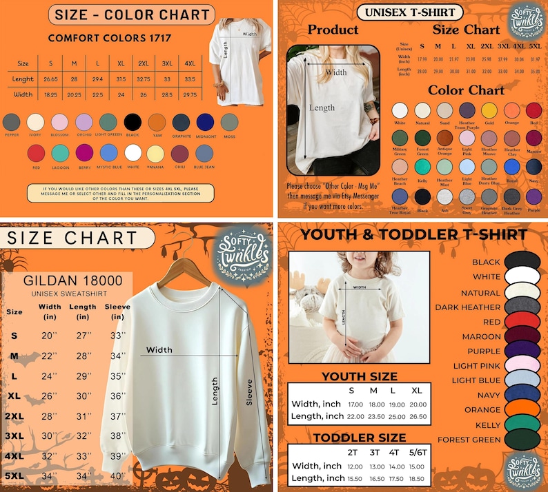 May include: A product size and color chart for t-shirts and sweatshirts. The chart includes measurements in inches for unisex, youth, and toddler sizes. Color options are displayed, including black, white, and navy.