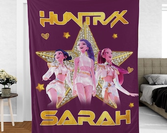 Manta de cazadores de demonios del K-Pop con nombre personalizado, adorable manta acogedora inspirada en el anime para fans, diseño personalizado de Huntrix, regalo divertido para los amantes del K-Pop.