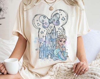 Camisa con orejas de Mickey y retrato de princesa Elsa de Frozen, castillo de Disney, WDW Disney Parks Magic Kingdom Disneyland, regalo de vacaciones familiares