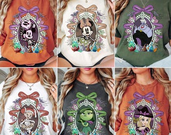 Maglietta Retro Coquette Disney Halloween con tutti i personaggi, maglietta Disney Cattivi, maglietta per feste di Halloween, maglietta per famiglie di Halloween, viaggio a Disneyland WDW