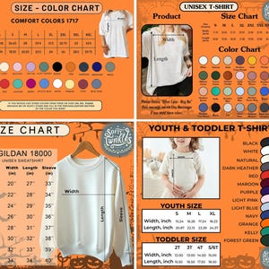 May include: A size and color chart for t-shirts and sweatshirts, including Comfort Colors 1717 and Gildan 18000. The chart displays measurements in inches for various sizes, along with a color palette.