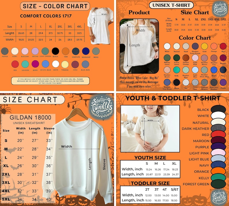May include: A size and color chart for t-shirts and sweatshirts, including Comfort Colors 1717 and Gildan 18000. The chart displays measurements in inches for various sizes, along with a color palette.