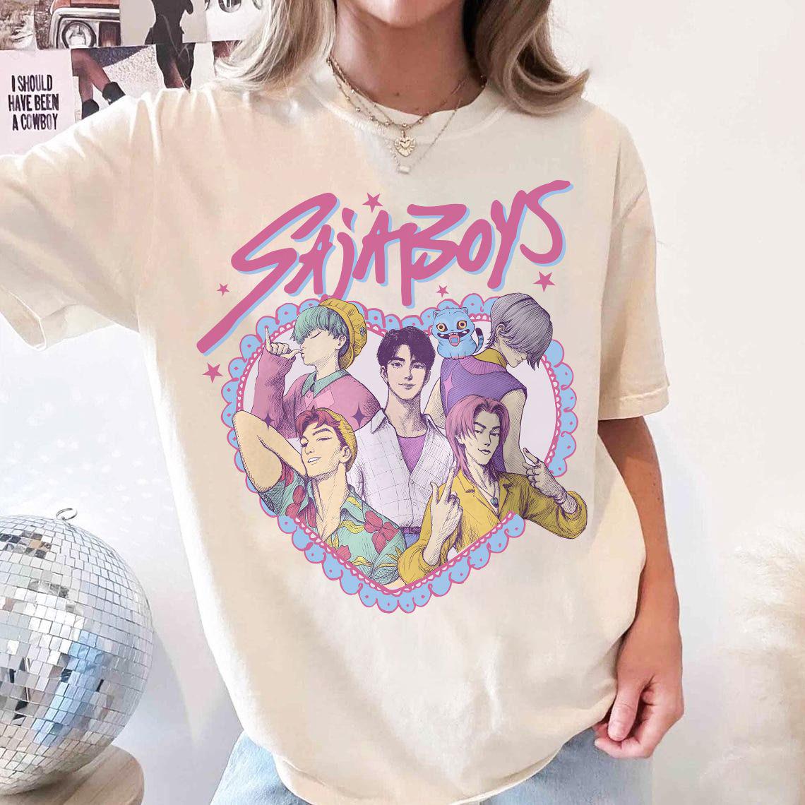 Retro SajaBoys Kpop Demon Hunters T-Shirt, Kpop Boy Band Shirt, Anime Manga Style Tee, Demon Hunter Merch, Kpop Fan Gift Shirt