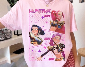 Camiseta retro de Kpop Demon Hunters con colores cómodos, regalo para mujer, manga Jinu, PIN de Kpop Huntrix, merchandising de Demon Hunter, póster de fan de Saja Girls