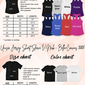 May include: Size chart for women's racerback tank tops and unisex short sleeve v-neck t-shirts. The chart shows the width and length measurements in inches for each size, from XS to 2XL. The colour chart shows the available colours for each style: black, sport grey, white, purple, navy, royal blue, red, and hot pink.
