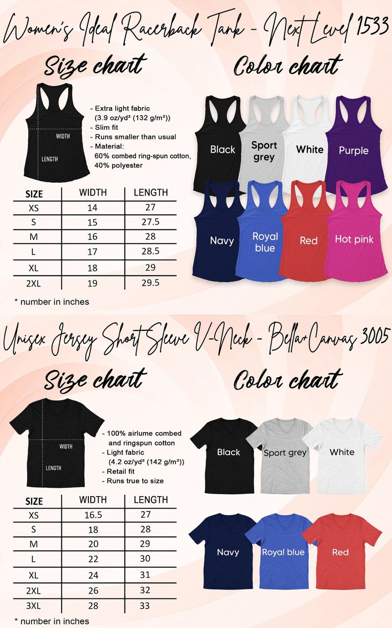 May include: Size chart for women's racerback tank tops and unisex short sleeve v-neck t-shirts. The chart shows the width and length measurements in inches for each size, from XS to 2XL. The colour chart shows the available colours for each style: black, sport grey, white, purple, navy, royal blue, red, and hot pink.