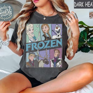 May include: A dark heather grey t-shirt with a vintage-style graphic of characters from the movie Frozen. The graphic features Elsa, Anna, Olaf, Kristoff, and Sven. The text "FROZEN" is printed in blue letters.