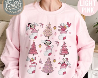 Retro Mickey And Friends Pink Christmas Shirt, Christmas Tree shirt, Disney Christmas Tee, Disneyland Family Trip, Christmas Gift, WDW Tee