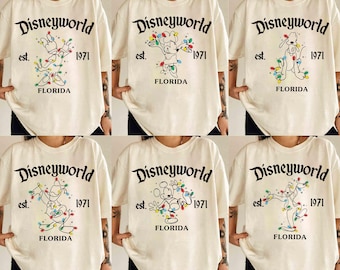 Camiseta retro de luces navideñas de Mickey y sus amigos de Disneyworld, camisetas navideñas a juego de la familia Disney, camiseta de fiesta navideña muy feliz de Mickey