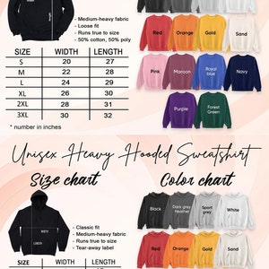 May include: Size chart for a unisex heavy crewneck and hooded sweatshirt. The chart shows the width and length in inches for sizes S to 3XL. The colour chart shows the different colours available for each style.