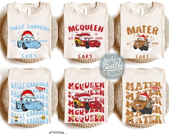 Retro Disney Cars Christmas Shirt, Pixar Lightening McQueen Tee, Tow Mater Shirt, Sally Carrera Doc Hudson, Disneyland Family Vacation Tees