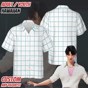 May include: White Hawaiian shirt with a blue grid pattern. The shirt has short sleeves and a button-down front. The text "ADULT / YOUTH HAWAIIAN" and "CUSTOM ANY REQUEST" are visible in the image.