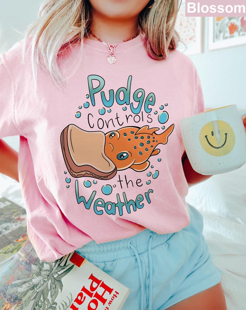 May include: A pink t-shirt featuring a cartoon fish with a peanut butter and jelly sandwich on its head. The text on the shirt reads "Pudge controls the weather".