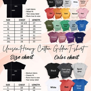 May include: Size chart for unisex Bella + Canvas and Gildan t-shirts. The chart shows chest and length measurements in inches for sizes XS to 3XL. The colour chart shows a variety of colours, including black, white, red, navy, and heather grey.