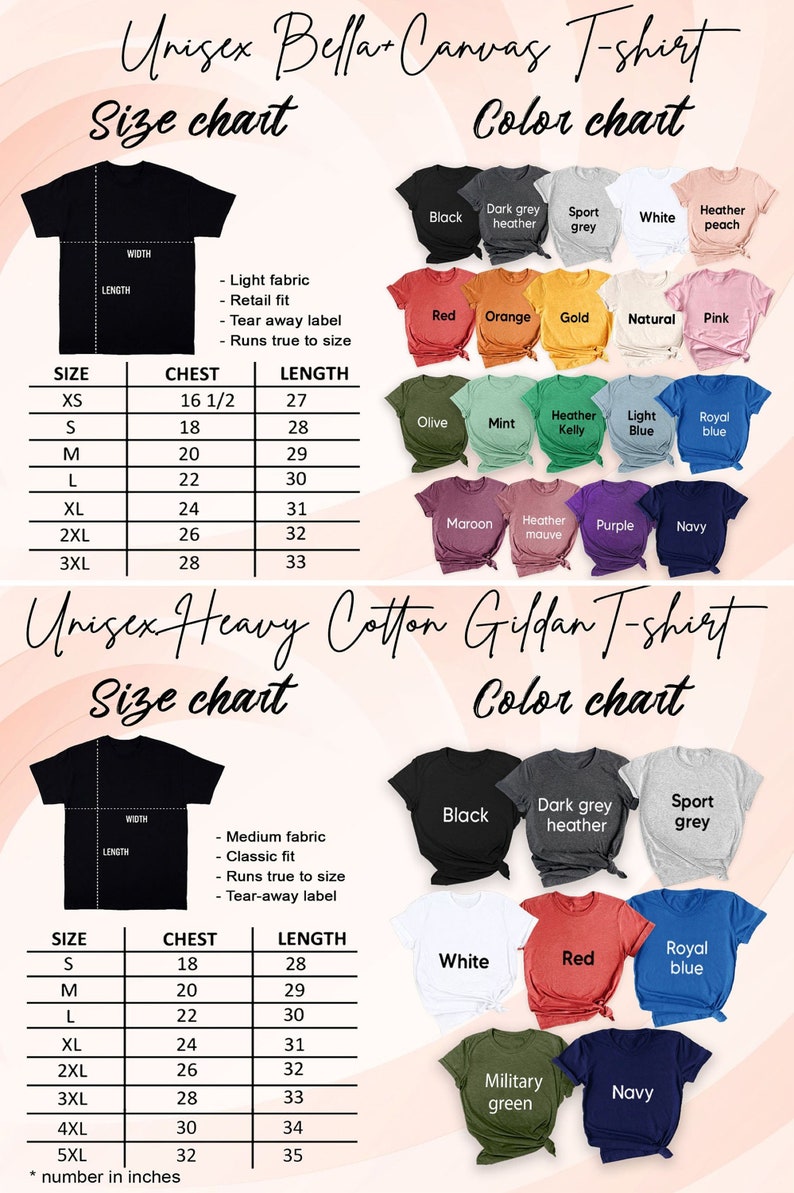 May include: Size chart for unisex Bella + Canvas and Gildan t-shirts. The chart shows chest and length measurements in inches for sizes XS to 3XL. The colour chart shows a variety of colours, including black, white, red, navy, and heather grey.