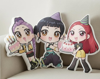 Cuscino di compleanno carino Chibi Huntrix, cuscino di peluche Rumi Mira Zoey Warrior, peluche Kpop Demon Hunter, regalo personalizzato per bambini, regalo di compleanno