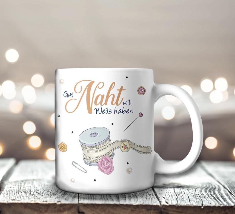 Mug with saying "Good sewing takes time", sewing needle & sewing thread motif coffee mug gift saying mug TS20