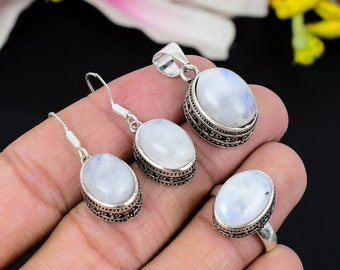 Rainbow Moonstone Silver Jewelry Set | 925 Sterling Silver Jewelry Set For Women | Natural White Moonstone | Engagement Gift Jewelry