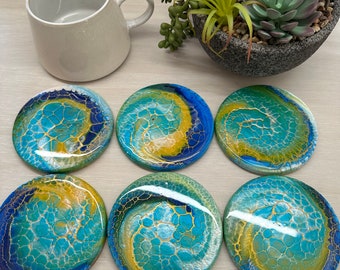 Ocean Swirls, Handmade coasters, hand painted, resin-coated