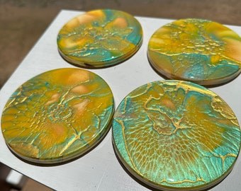 DISCOUNTED!! Aussie Aussie Aussie Coasters, Greens and Golds and shimmer colours, 6mm MDF, resin coated