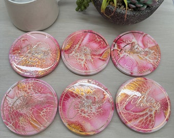 Cheers, coasters, resin-coated, handmade, hand painted