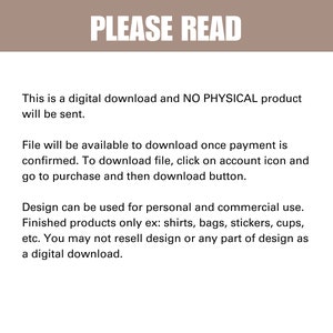K&ouml;nnte beinhalten: Text auf wei&szlig;em Hintergrund mit der &Uuml;berschrift "BITTE LESEN". Der Text erkl&auml;rt, dass es sich um einen digitalen Download handelt und kein physisches Produkt versandt wird. Er erkl&auml;rt auch, wie die Datei heruntergeladen werden kann und wie das Design f&uuml;r den pers&ouml;nlichen und kommerziellen Gebrauch verwendet werden kann.