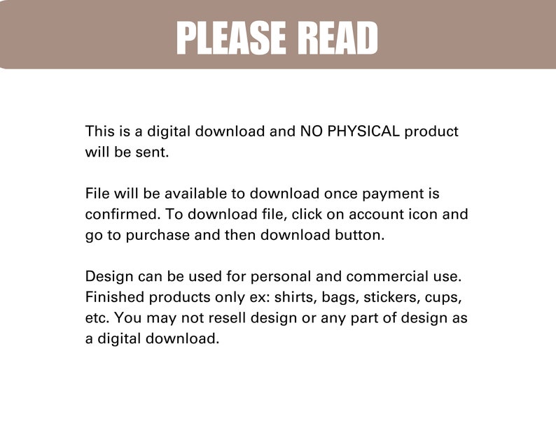 K&ouml;nnte beinhalten: Text auf wei&szlig;em Hintergrund mit der &Uuml;berschrift "BITTE LESEN". Der Text erkl&auml;rt, dass es sich um einen digitalen Download handelt und kein physisches Produkt versandt wird. Er erkl&auml;rt auch, wie die Datei heruntergeladen werden kann und wie das Design f&uuml;r den pers&ouml;nlichen und kommerziellen Gebrauch verwendet werden kann.