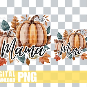 May include: Fall-themed digital clipart featuring two watercolor pumpkins with leaves and the text "Mama Mini" in black script.