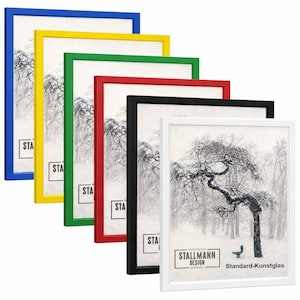 Op de afbeelding: Een verzameling ingelijste kunstafdrukken met kleurrijke lijsten in blauw, geel, groen, rood, zwart en wit. Elke lijst omringt een afdruk van een winterlandschap met een kale boom. De lijsten zijn rechthoekig.