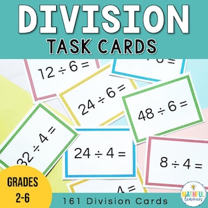 Cartes de tâche de division - Cartes de somme de division pour les jeux et les activités | Cartes flash | Opérations inverses | Entraînement aux équations des divisions