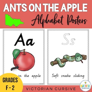 Ameisen im Apfel Alphabet Poster & Karteikarten - Viktorianische Schreibschrift - edukativ für das Klassenzimmer | Phonetik Werkzeug | Poster von A-Z