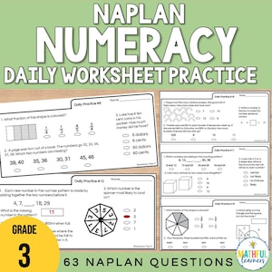 Puede incluir: Una hoja de trabajo en blanco y negro con el título "NAPLAN NUMERACY DAILY WORKSHEET PRACTICE" y varios problemas de matemáticas para estudiantes de tercer grado. Los problemas incluyen fracciones, patrones numéricos, probabilidad y geometría.