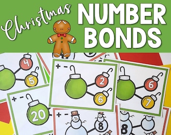 Number Bonds Worksheet and Task Cards: Christmas - Addition and Subtraction