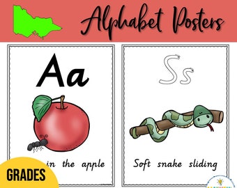 Hormigas en los carteles y tarjetas del alfabeto de Apple - Cursiva moderna victoriana - Decoración educativa del aula / Herramienta fonética / Carteles A-Z