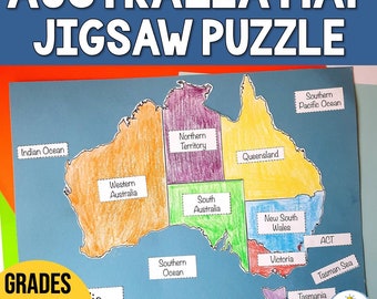 Mapa de Australia - Hojas de trabajo con rompecabezas de estados y países - Actividad de cortar y pegar / Aprenda los estados y las capitales de Australia