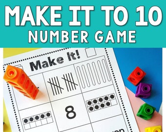 May include: A black and white worksheet with the title "Make It To 10 Number Game". The worksheet has a grid with different ways to represent the number 10, including tally marks, ten frames, and the word "seven". There are colourful blocks scattered around the worksheet.