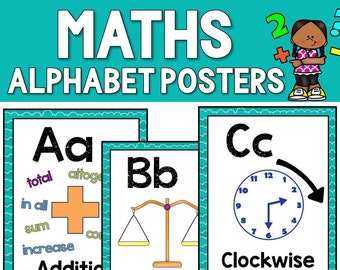 Carteles del alfabeto matemático / Enseñar vocabulario matemático con carteles de matemáticas A-Z / Terminología matemática / Matemáticas explicadas / Tablón de anuncios / Exhibiciones matemáticas